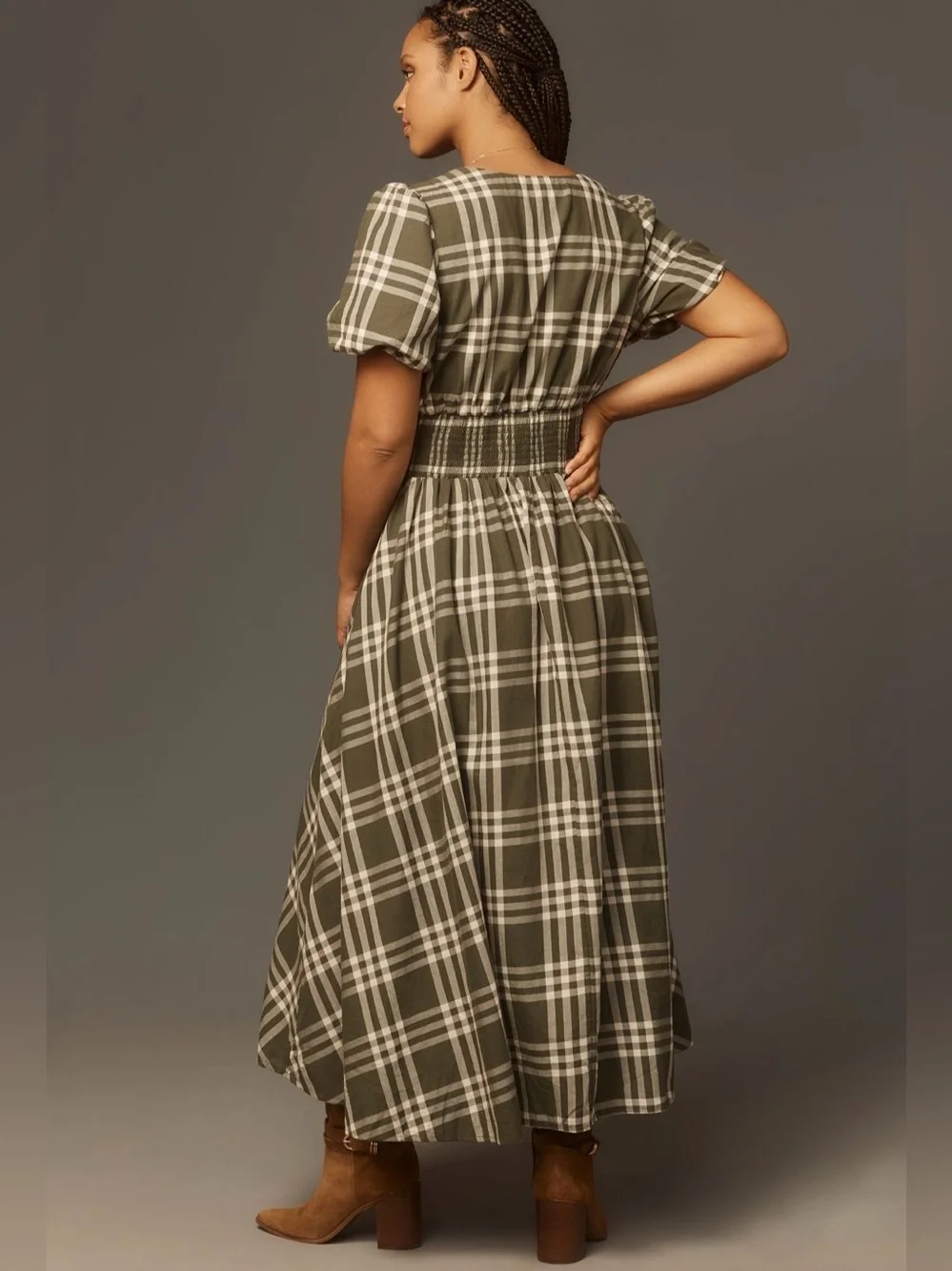 Anthropologie Katerina Button-Front Plaid Puff-Sleeve Midi Dress L - 100% Cotton - Picture 12 of 15